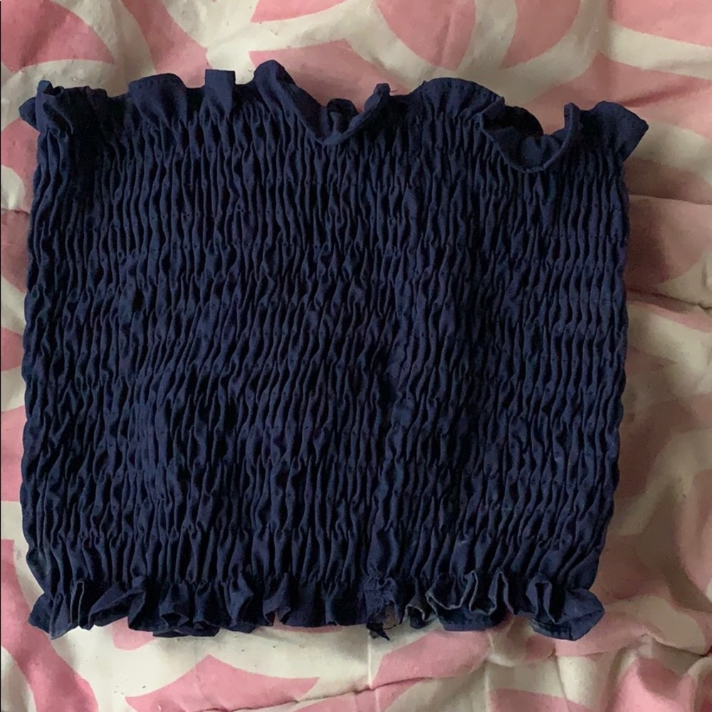 Blue shirred cropped tube top